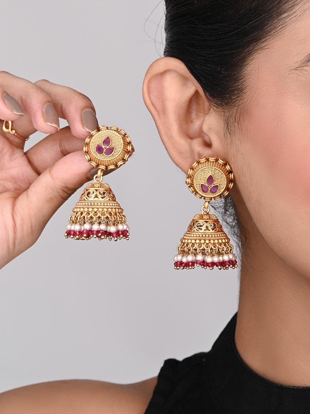 Antique Gold-Plated Temple Jhumka Earrings - Red