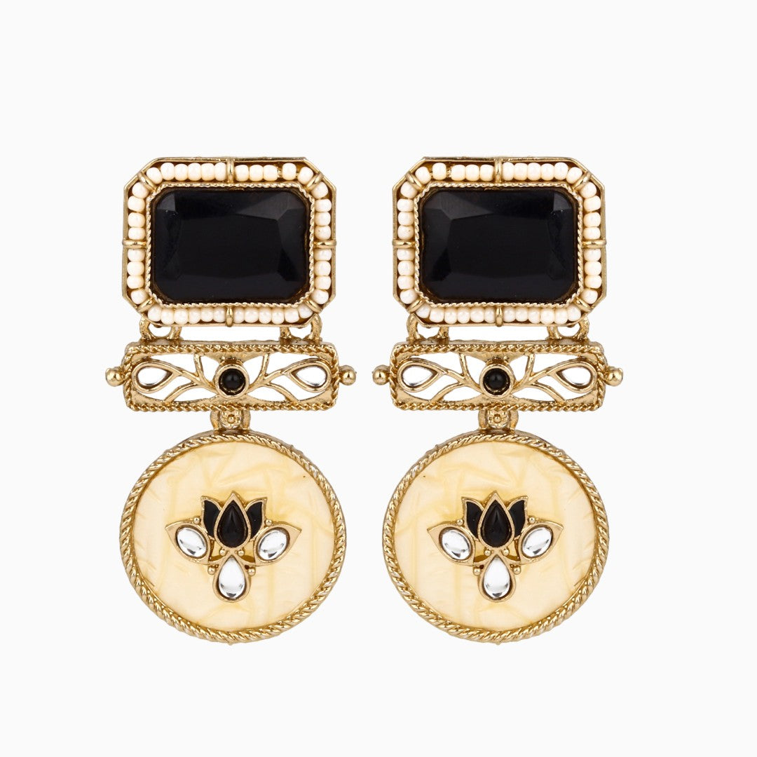 Gold-Plated Geometric Drop Earrings with MOP Filigree Black