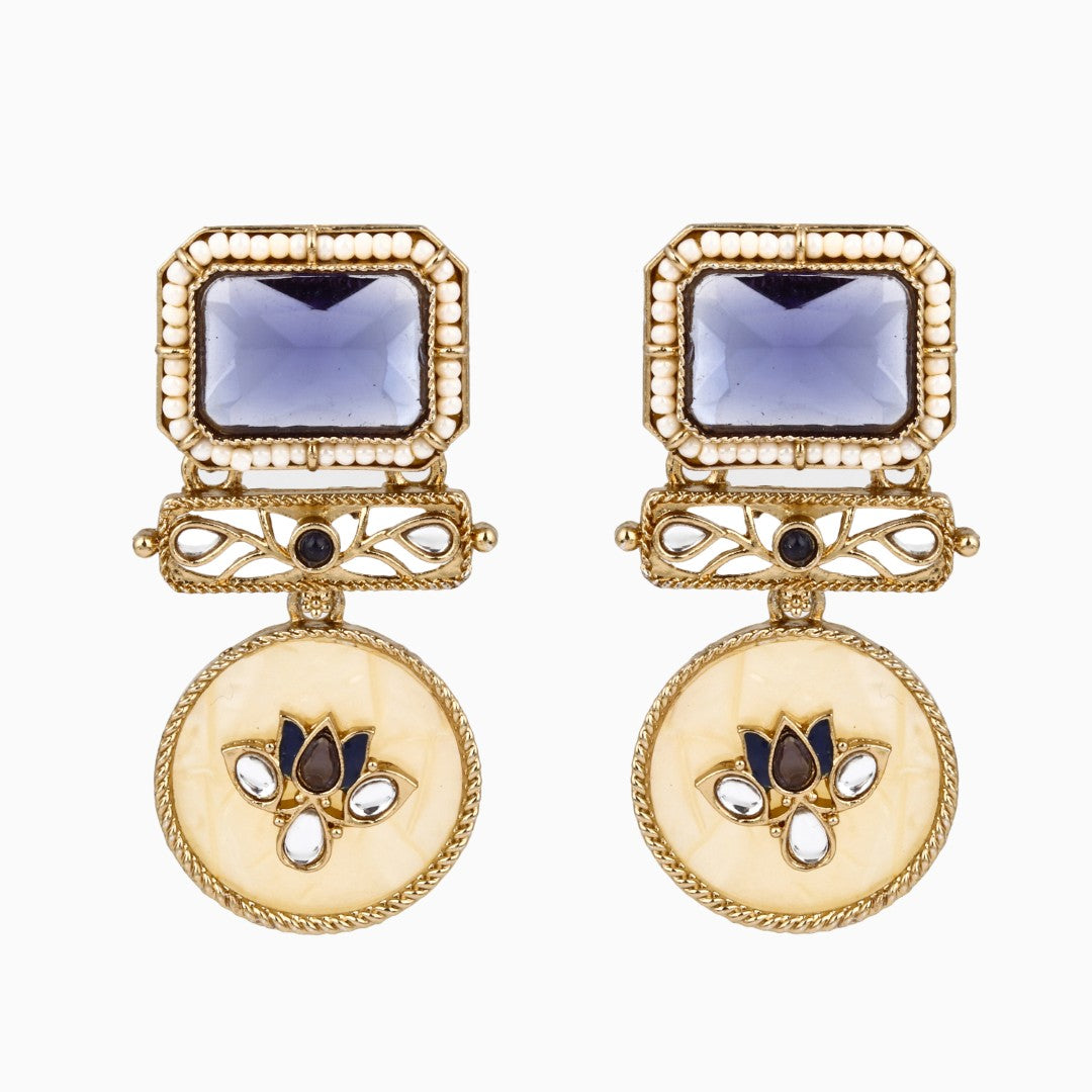 Gold-Plated Geometric Drop Earrings with MOP Filigree Blue