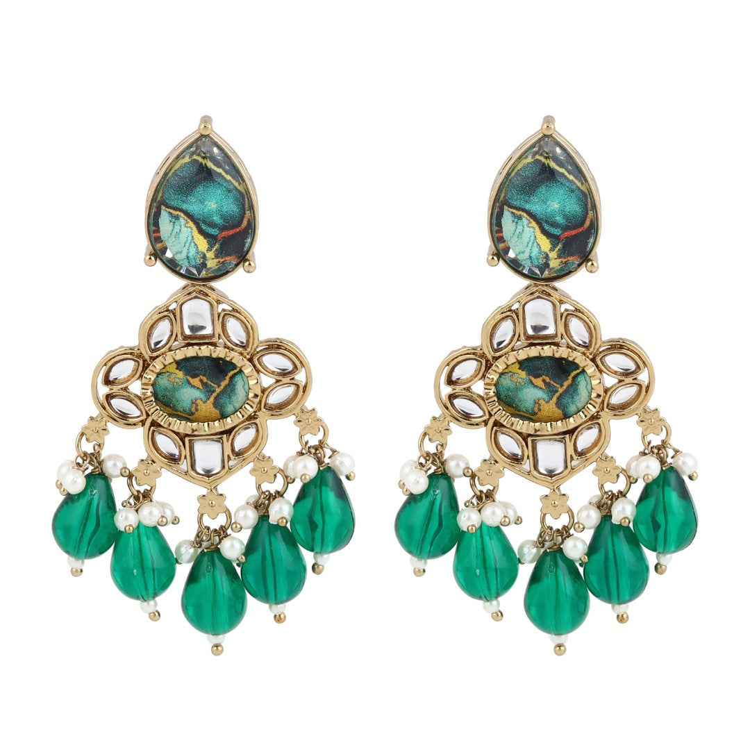 Gold-Plated Emerald Green Kundan Chandelier Earrings with Bead Drops