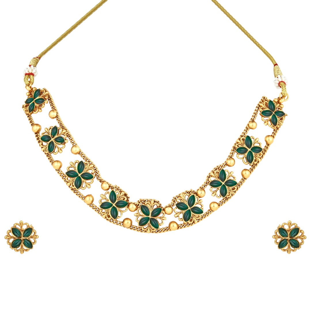 Gold plated floral Necklace set - Green