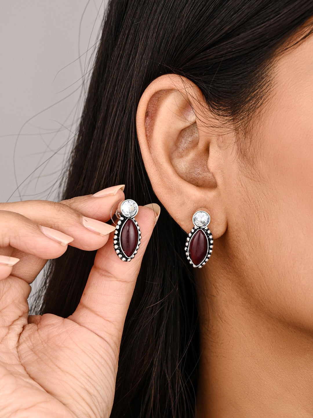 Silver-Tone Maroon Stone Statement Earring