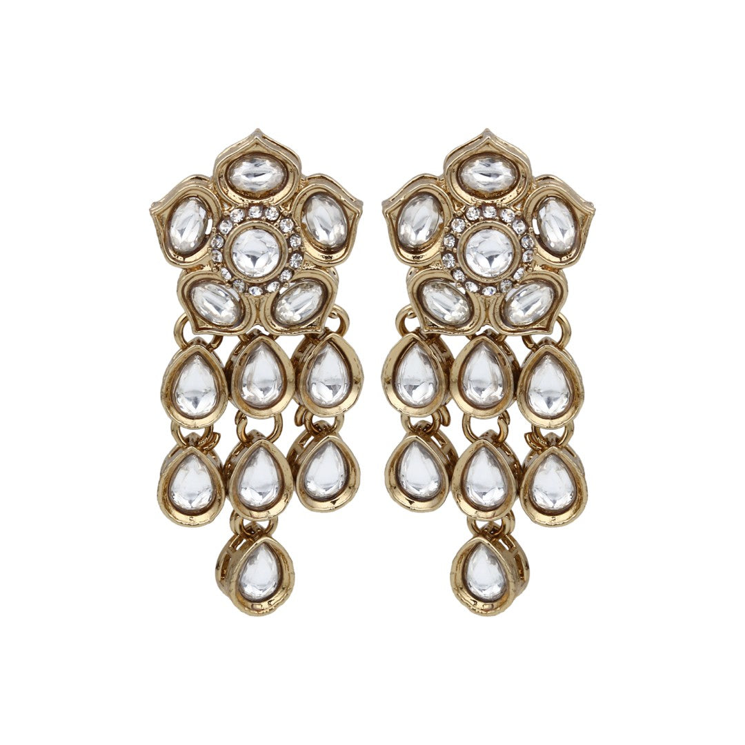 Gold plated Kundan flower drop Earrings - White