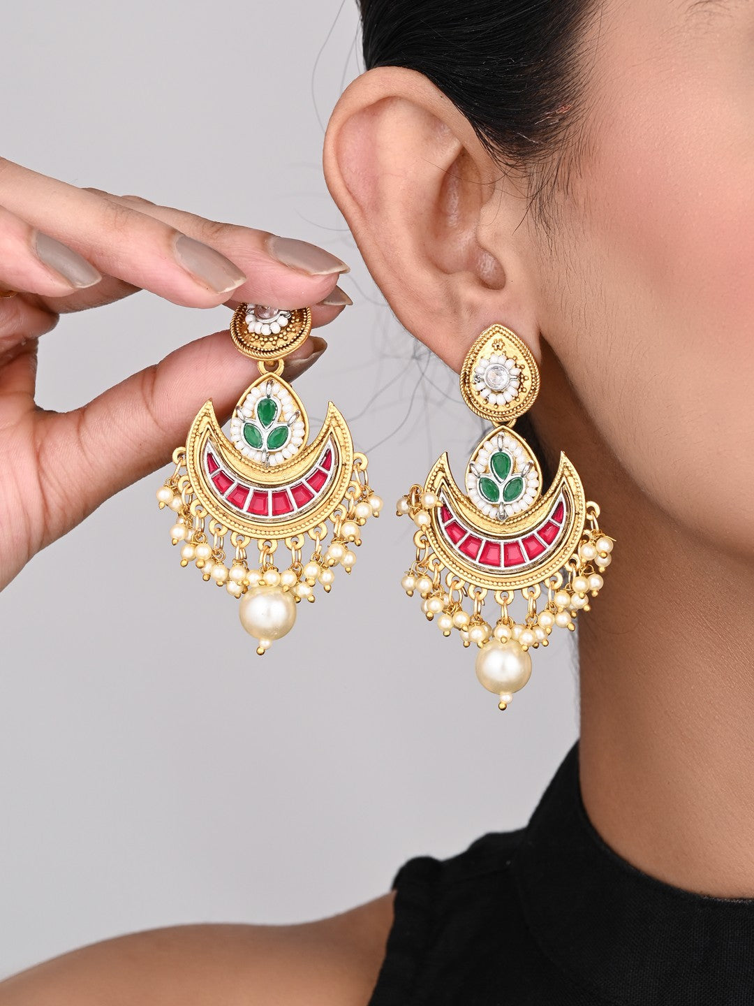 Gold-Plated Crescent Red Chandbalis