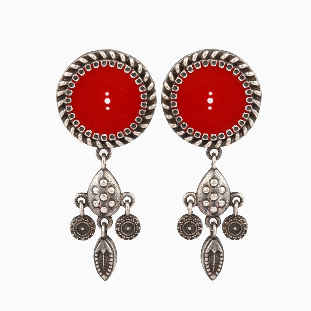 Hand-Painted Circular drop earrings Red