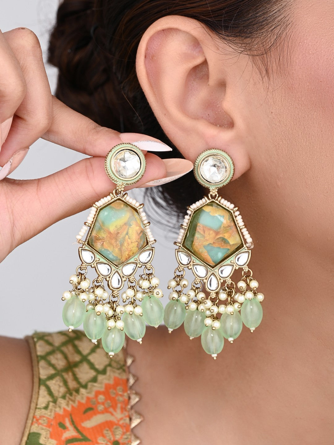Gold plated two tone Geometric stone drop earring - Sage green