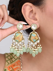Gold plated two tone Geometric stone drop earring - Sage green