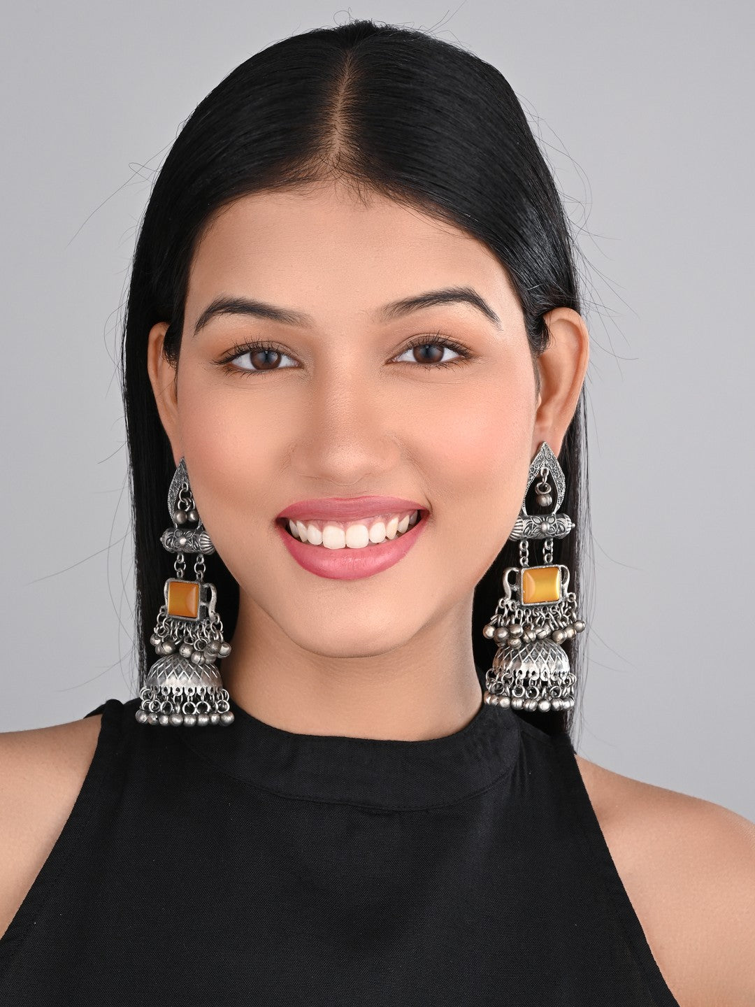 Silver oxydised lightweight long Jhumka with Yellow Stone
