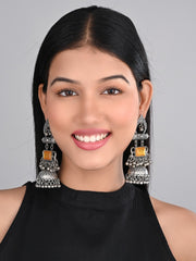 Silver oxydised lightweight long Jhumka with Yellow Stone