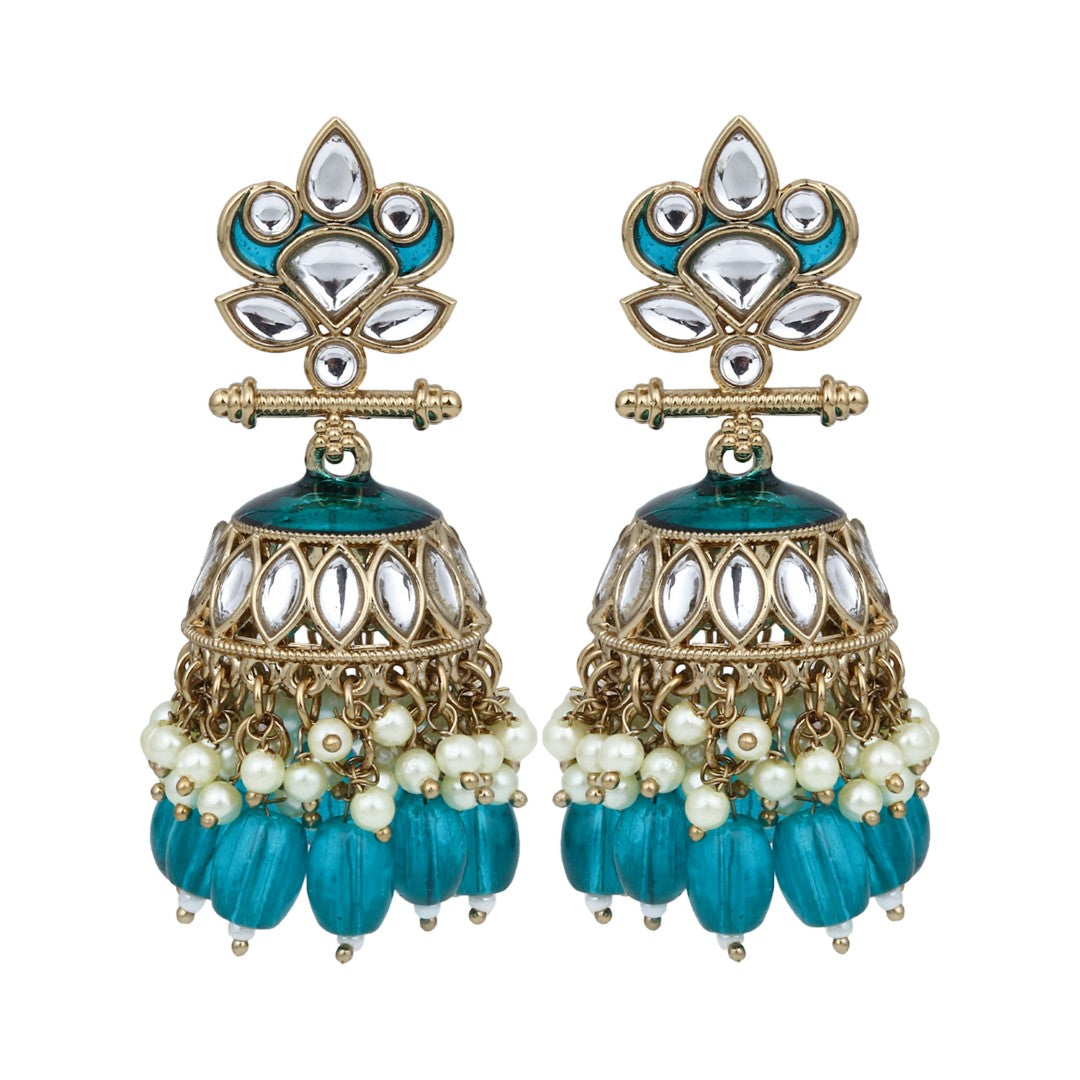 Gold plated Kundan & Meenakari Jhumka Earrings - Teal