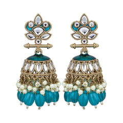 Gold plated Kundan & Meenakari Jhumka Earrings - Teal