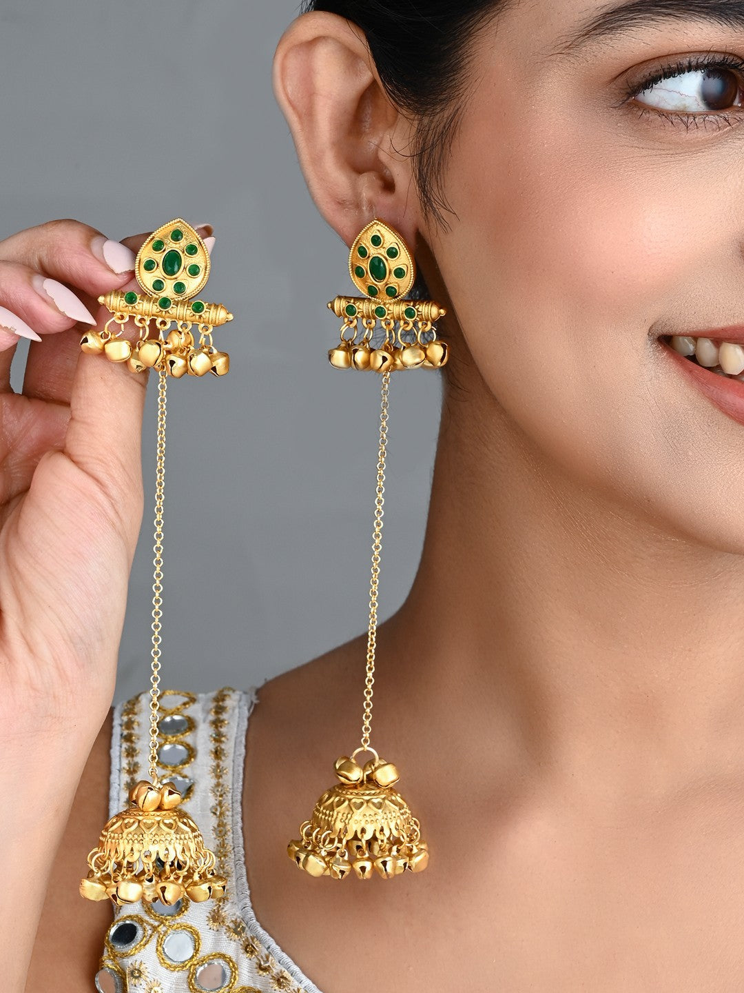 Emerald Temple Jhumka Earrings with Long Chain Tassels