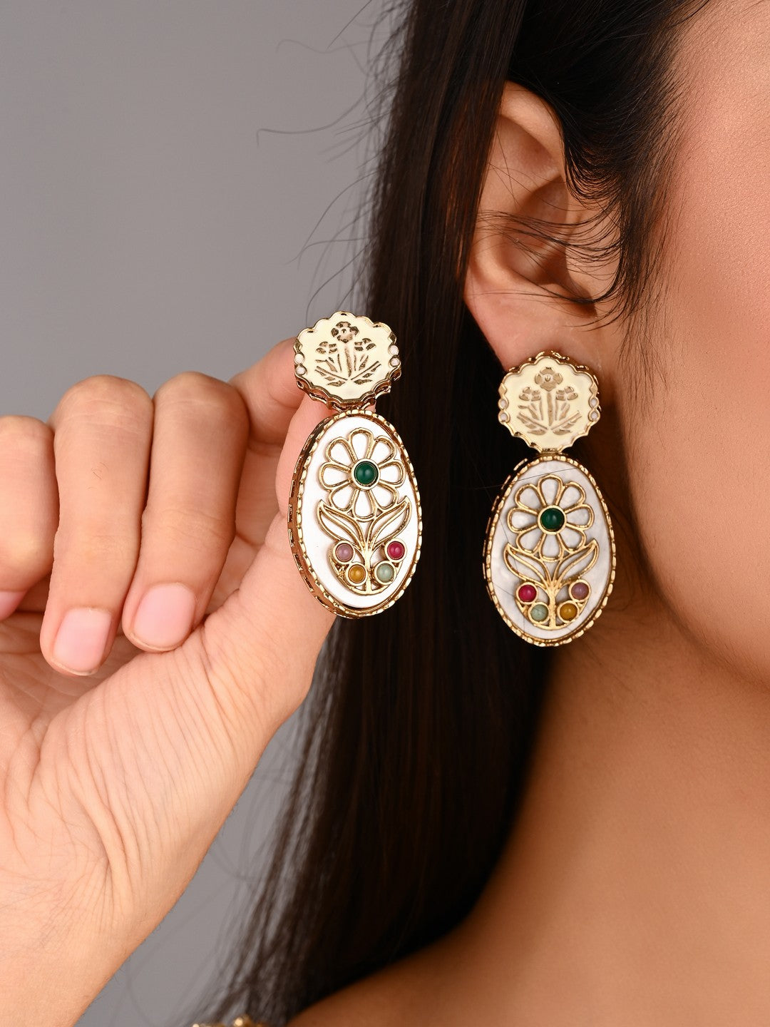 MOP Meenakari Floral Drop Earrings - Green