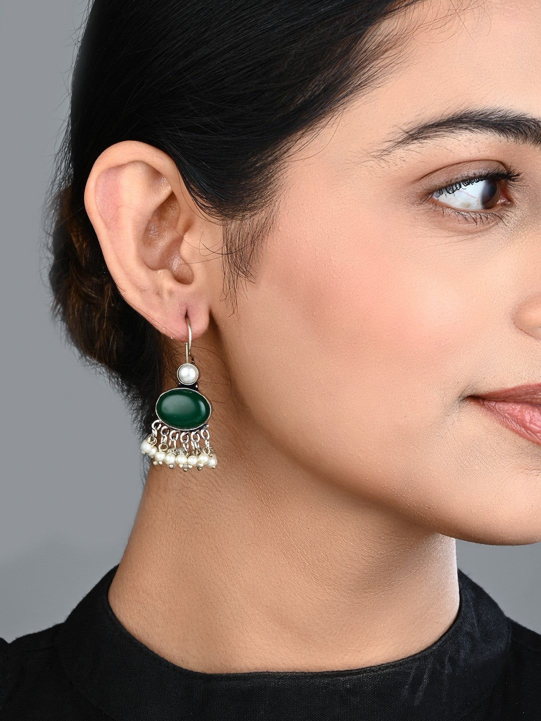 Green Stone Pearl Fringe Drop Earrings