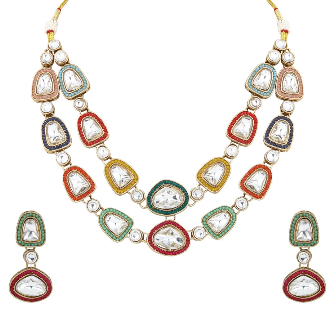 Multicolour Kundan Gold-Tone Necklace & Earrings Set