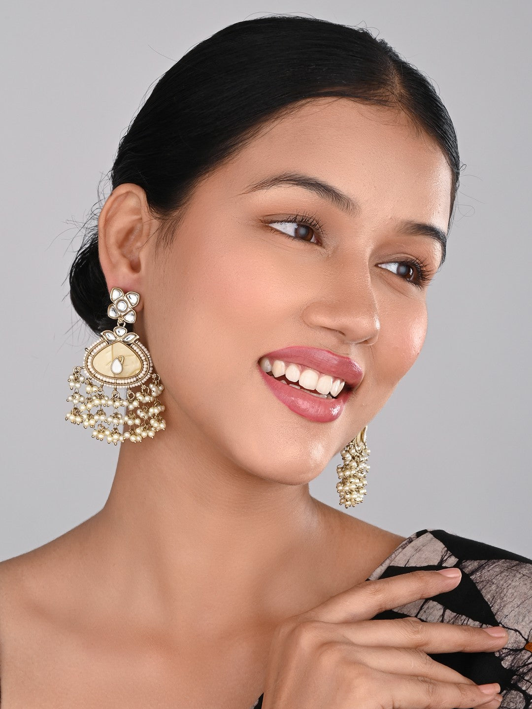 Contemporary kundan, MOP & Meenakari chandbali Earring