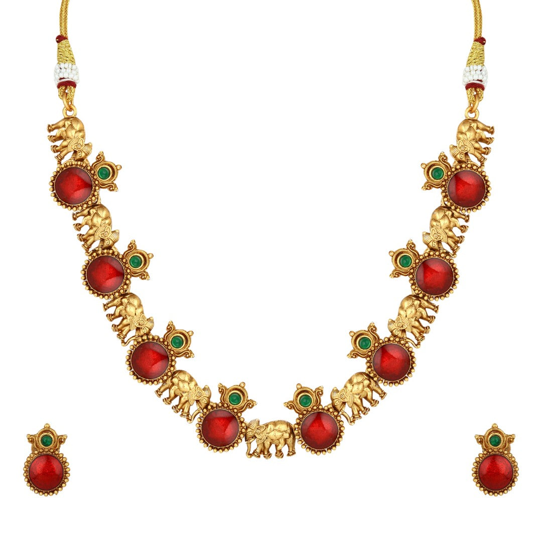 Gold plated Meenakari & Elephant Motif Necklace set - Red