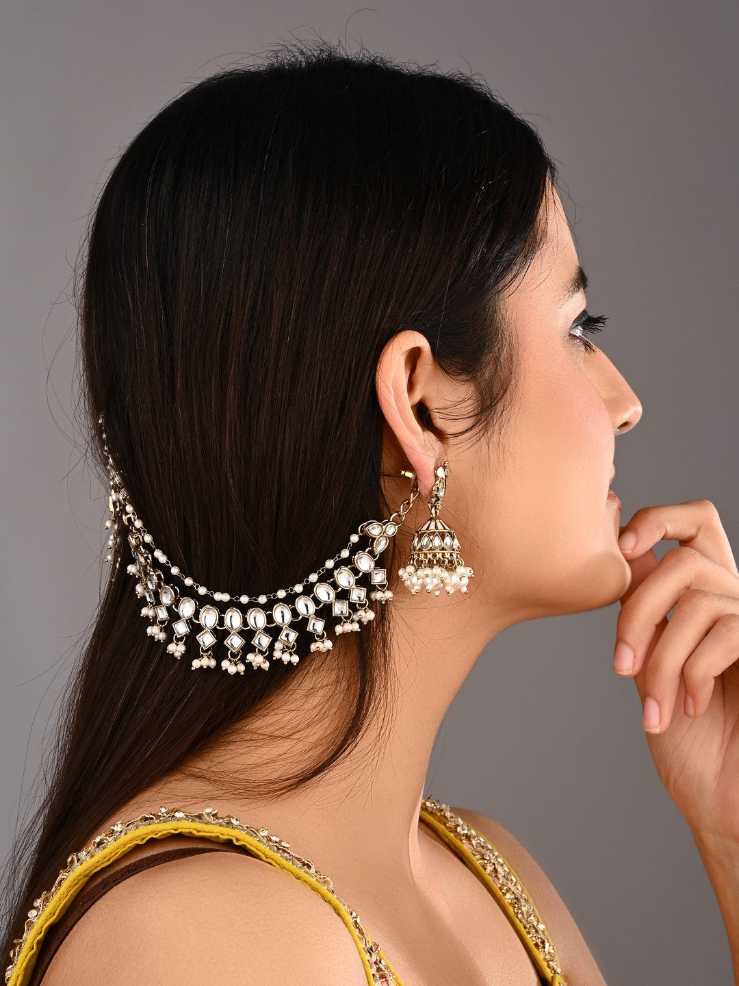 Kundan & Beads double layered ear chains