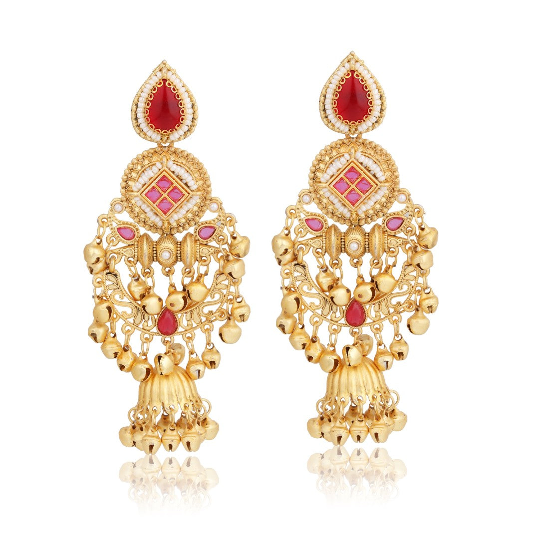 Kundan Chandbali Jhumka Earrings with Ghungroo Red