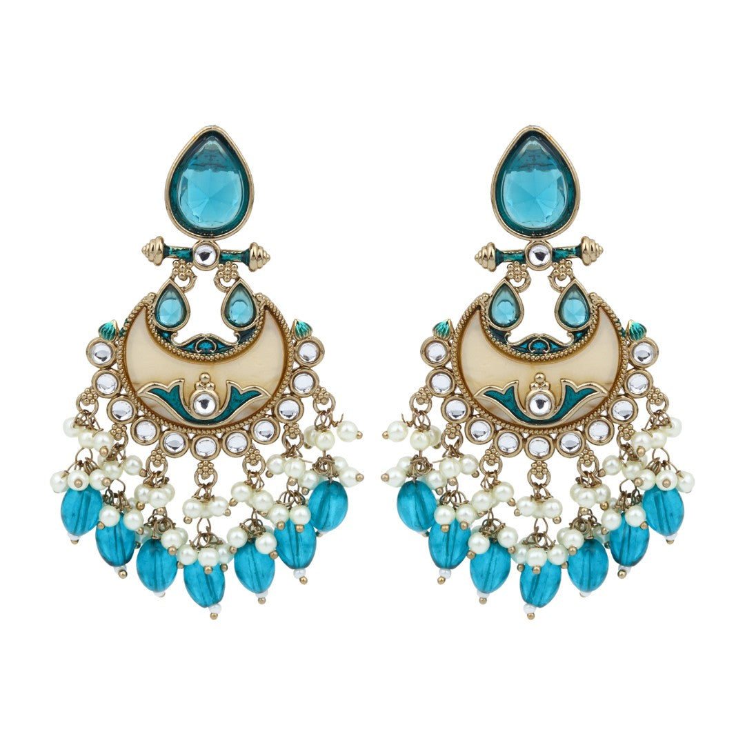 Gold-Plated Meenakari Chandbali Earrings with Kundan & Pearl Drops - Teal