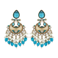 Gold-Plated Meenakari Chandbali Earrings with Kundan & Pearl Drops - Teal