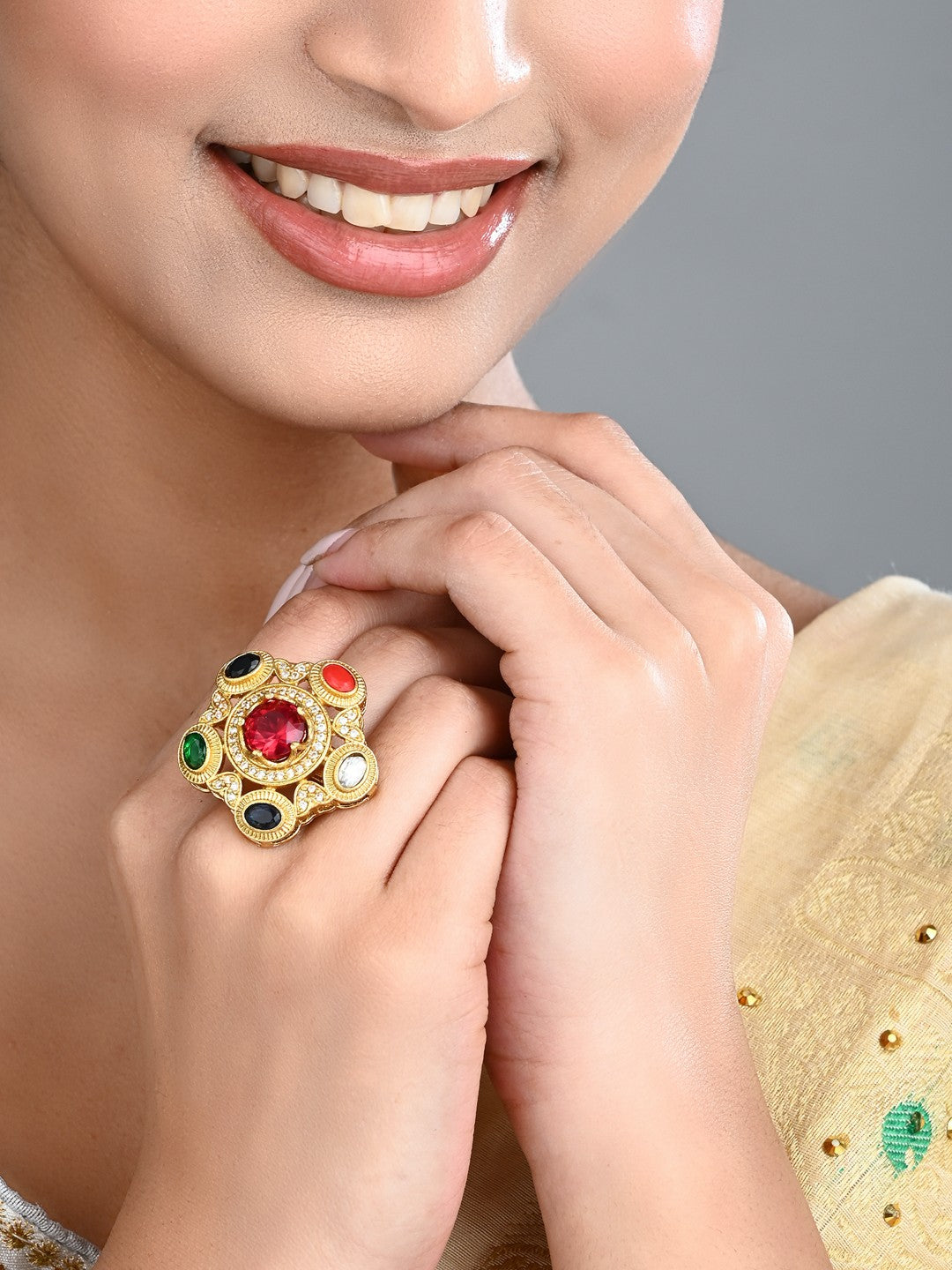 Multicolor Kundan-Inspired Statement Ring
