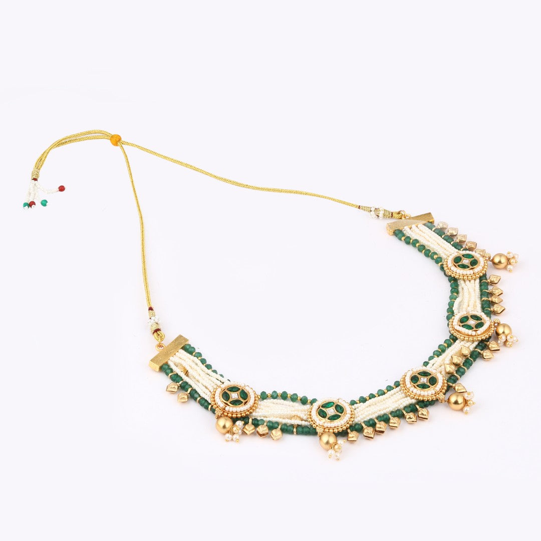 Gold plated, Brass Necklace & Earring Set - Green
