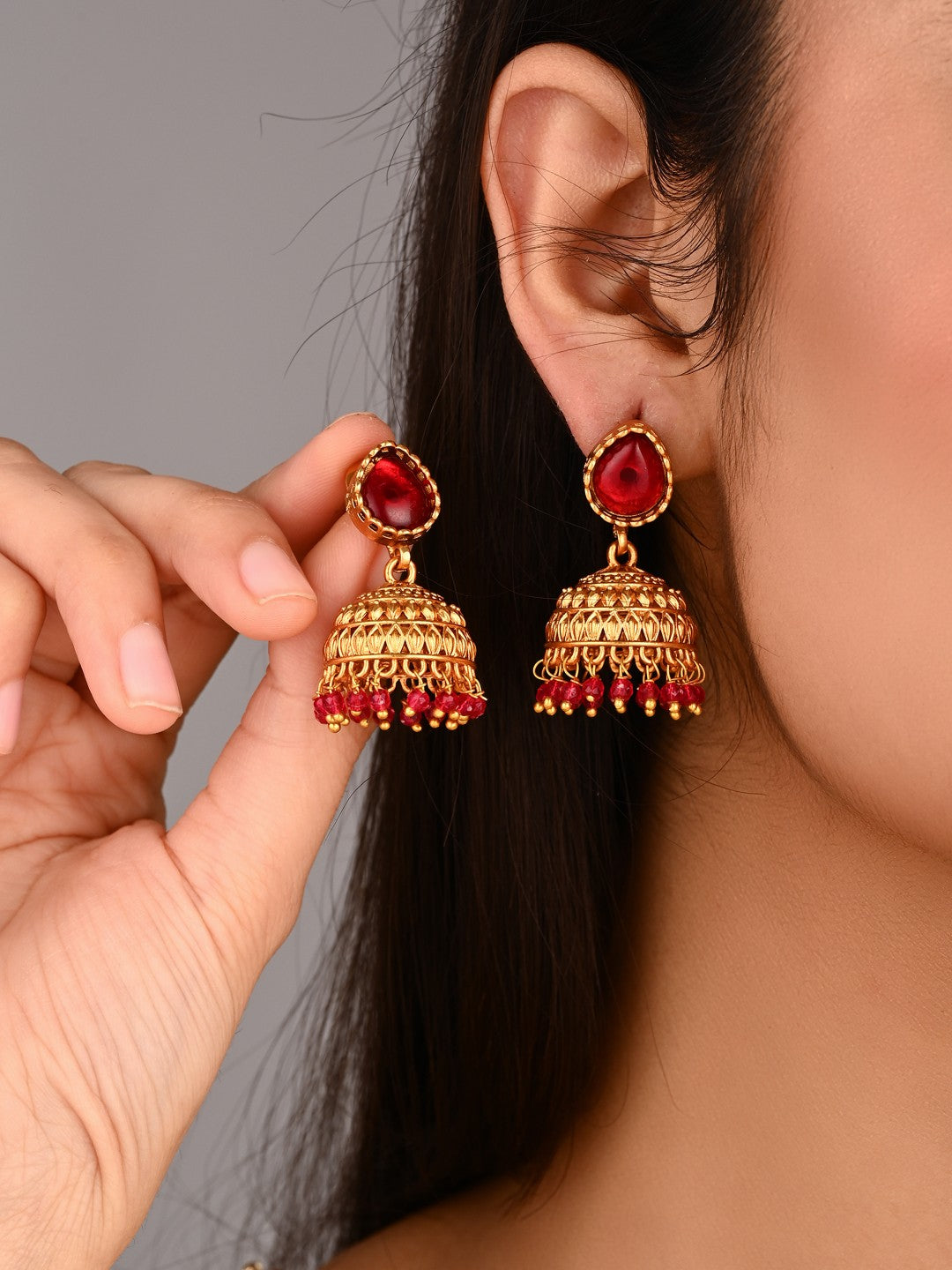 Teardrop Shaped Gold plated Jhumkas Earrings Red