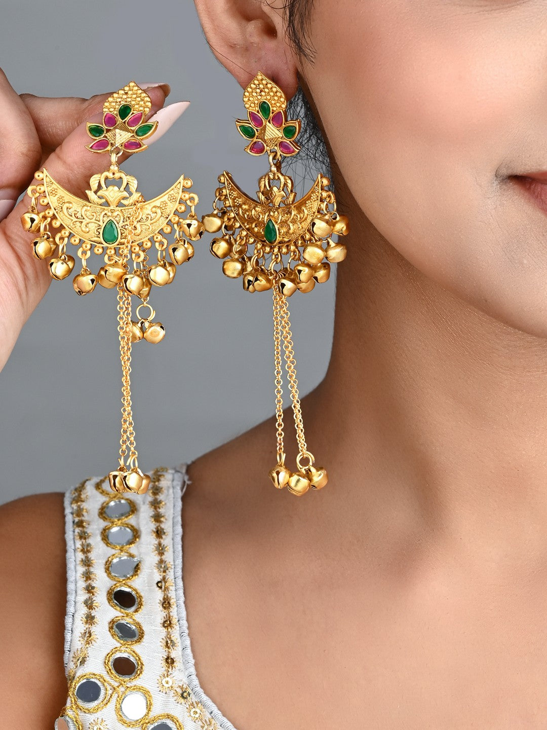 Multicolor Temple Chandbali Earrings with Ghungroo Chain Tassels