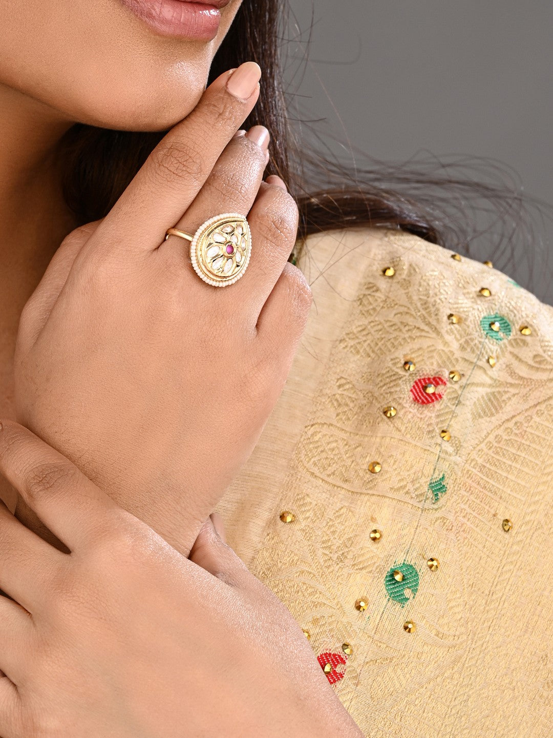 Teardrop Kundan Floral Pearl Brass Ring