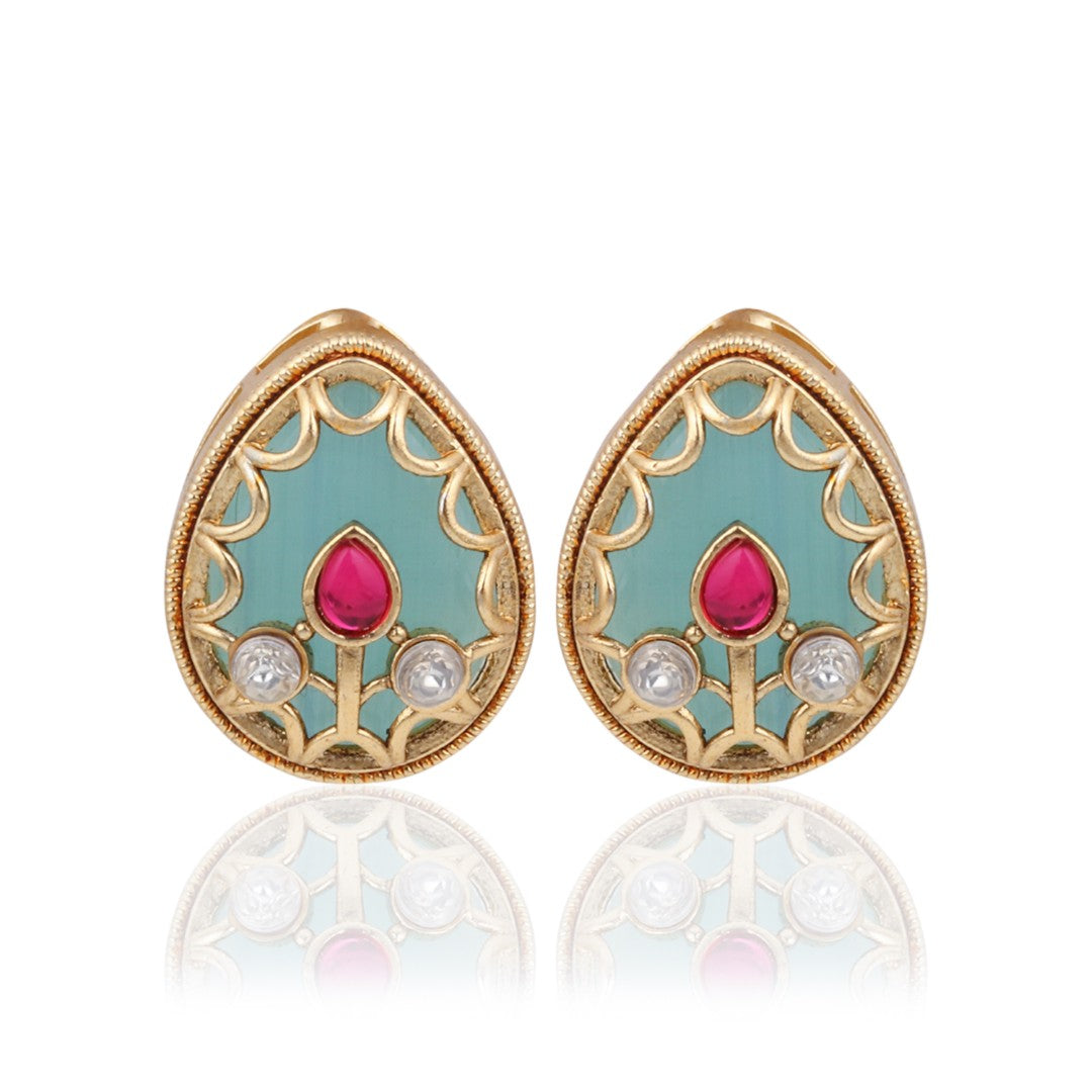 Tear drop Stone Kundan Pendant Necklace & Stud Earrings Set Green