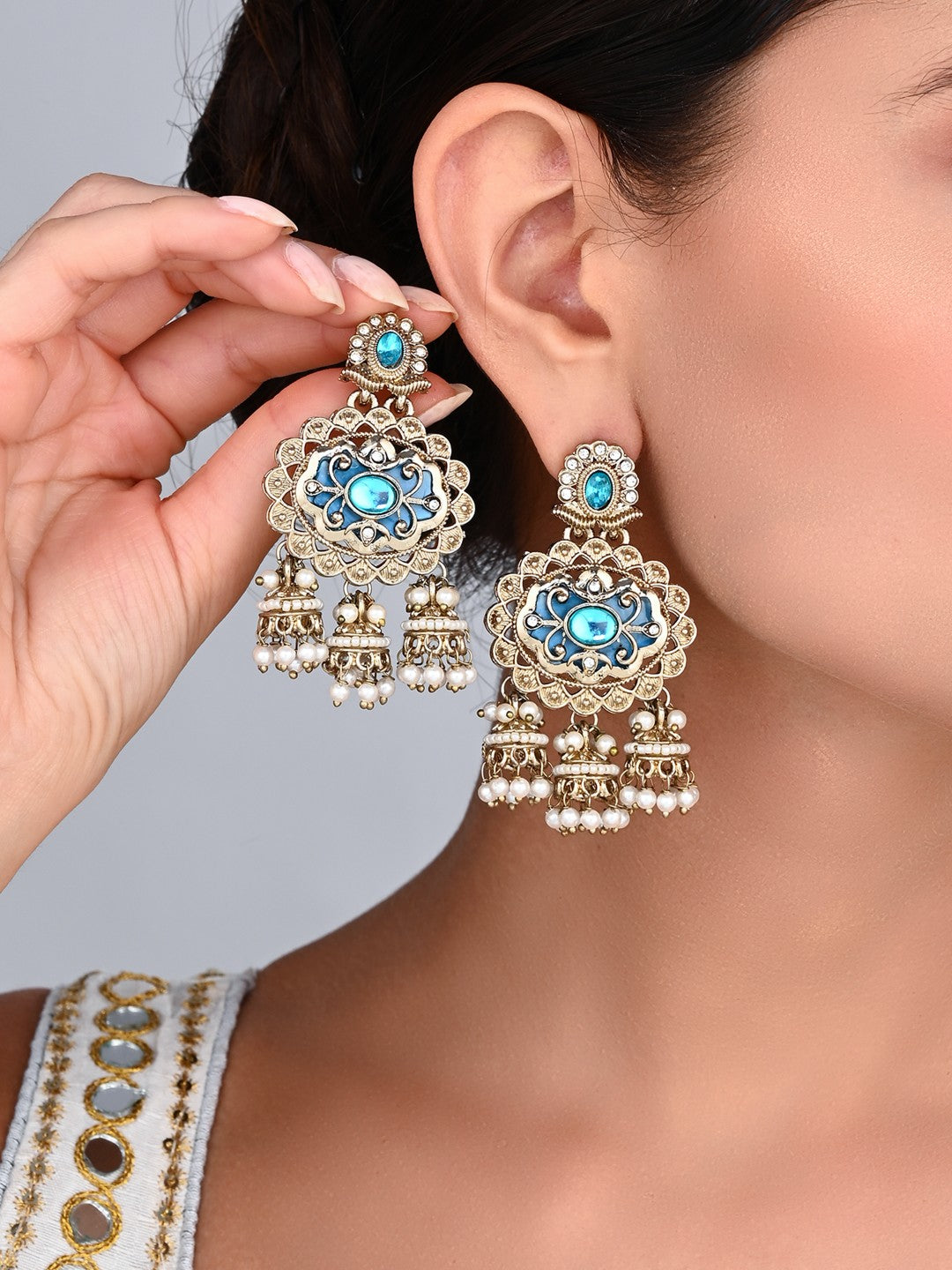 Gold-Toned Kundan Chandelier Earrings with Turquoise Stones