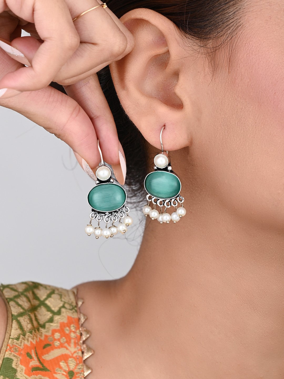 Sage green Stone Pearl Fringe Drop Earrings