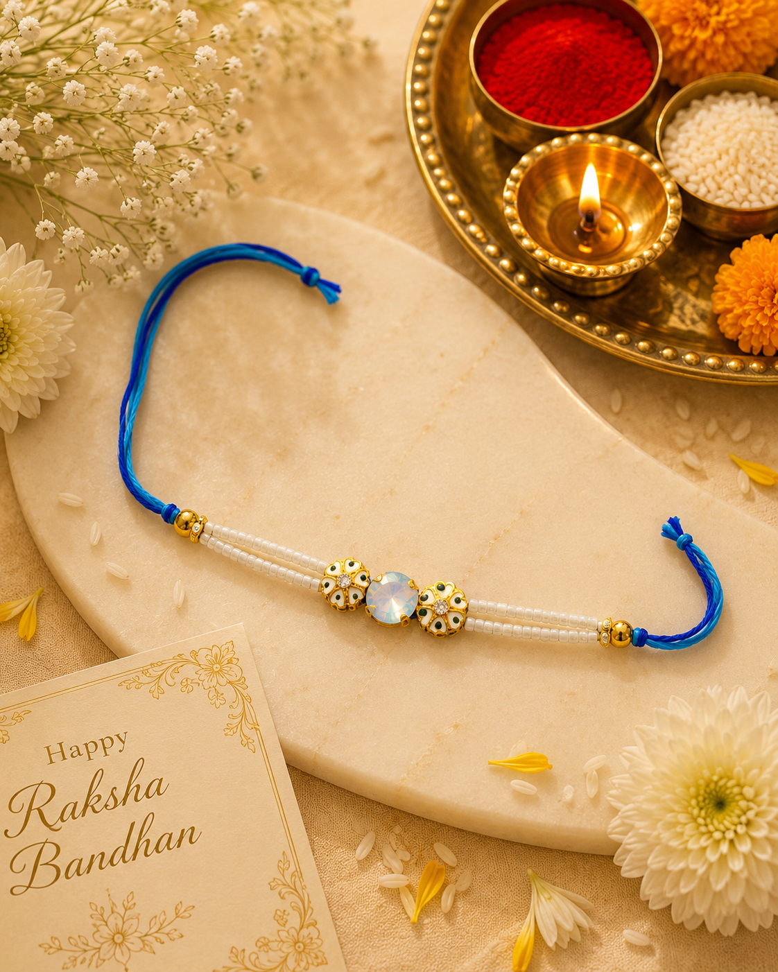 Blue Crystal Designer Rakhi – Pearl Beaded Raksha Bandhan Thread