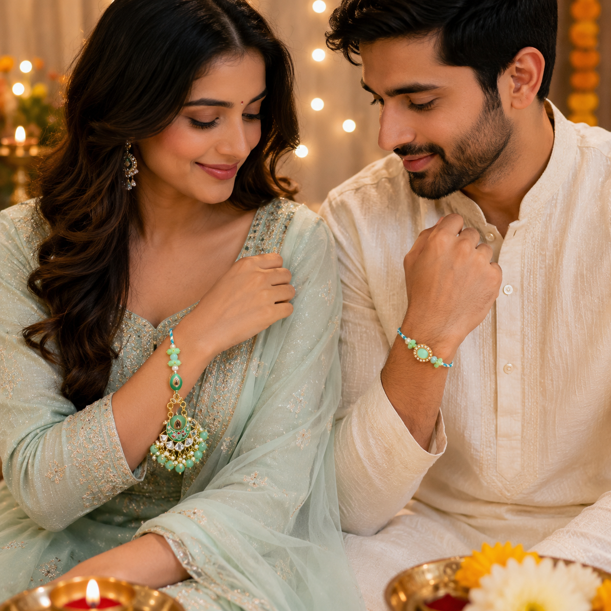 Mint Green Kundan Bhaiya Bhabhi Rakhi Set with Pearl Beads & Meenakari Lumba