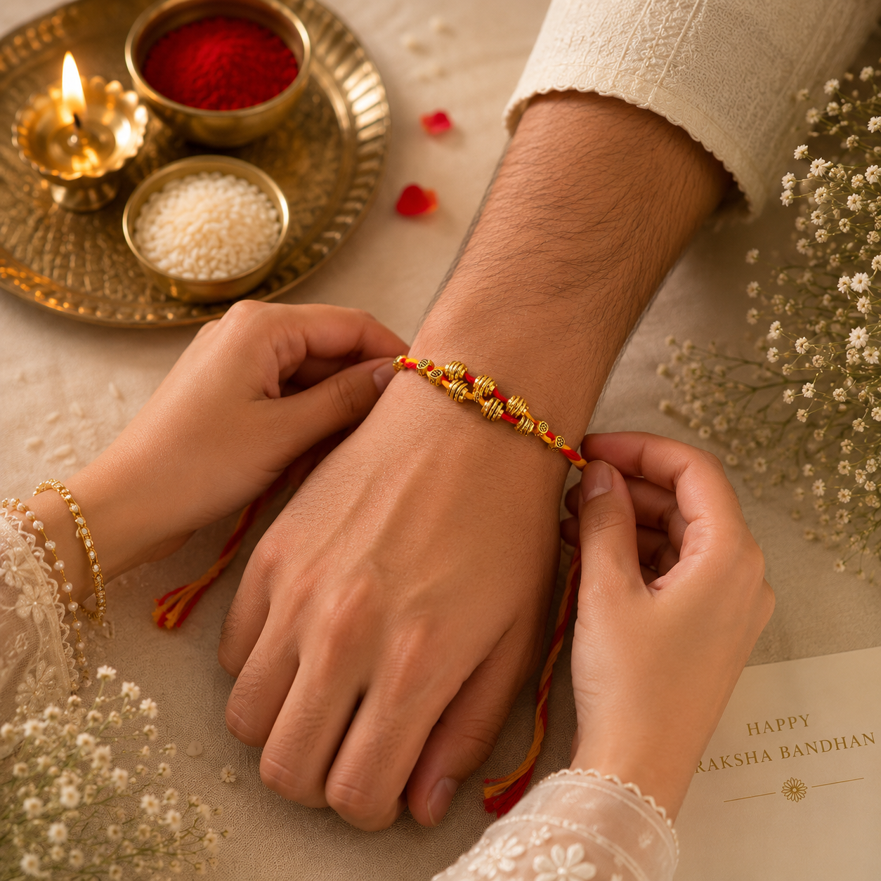 Sacred Trio Rakhi Set – Floral Bead, Om Charm & Traditional Thread Rakhi Collection(Set of 3)