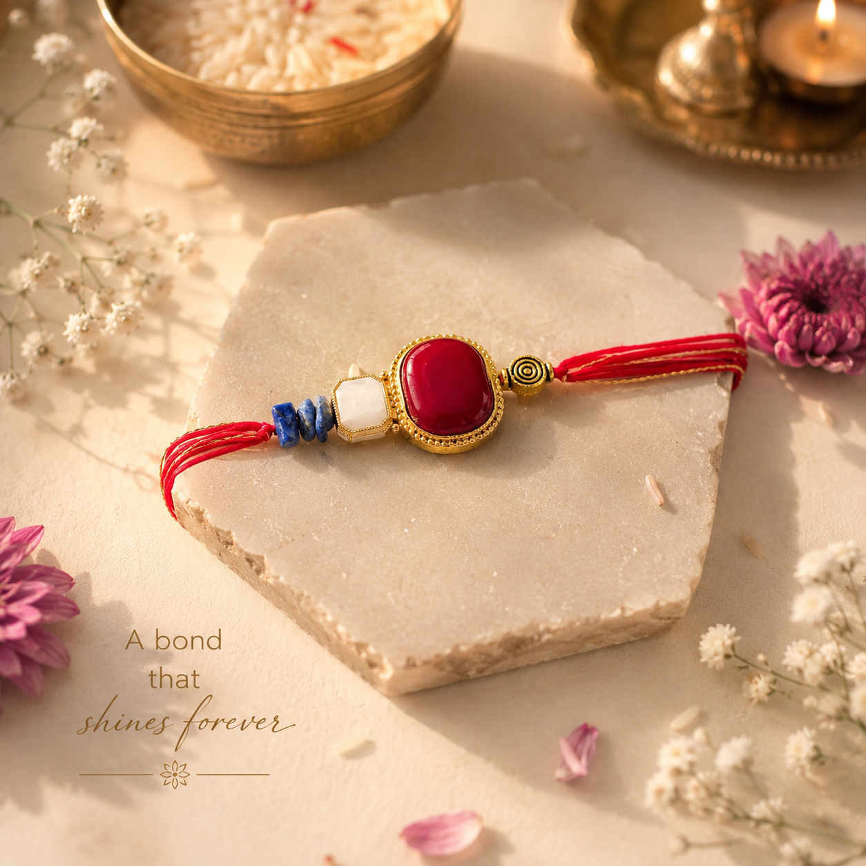 Ruby Harmony Handmade Rakhi with Kundan Accent & Ruby Beads Red