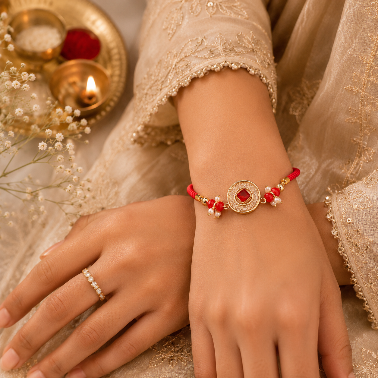 Red Crystal Stone Rakhi with Gold-Tone Medallion & Pearl Accents