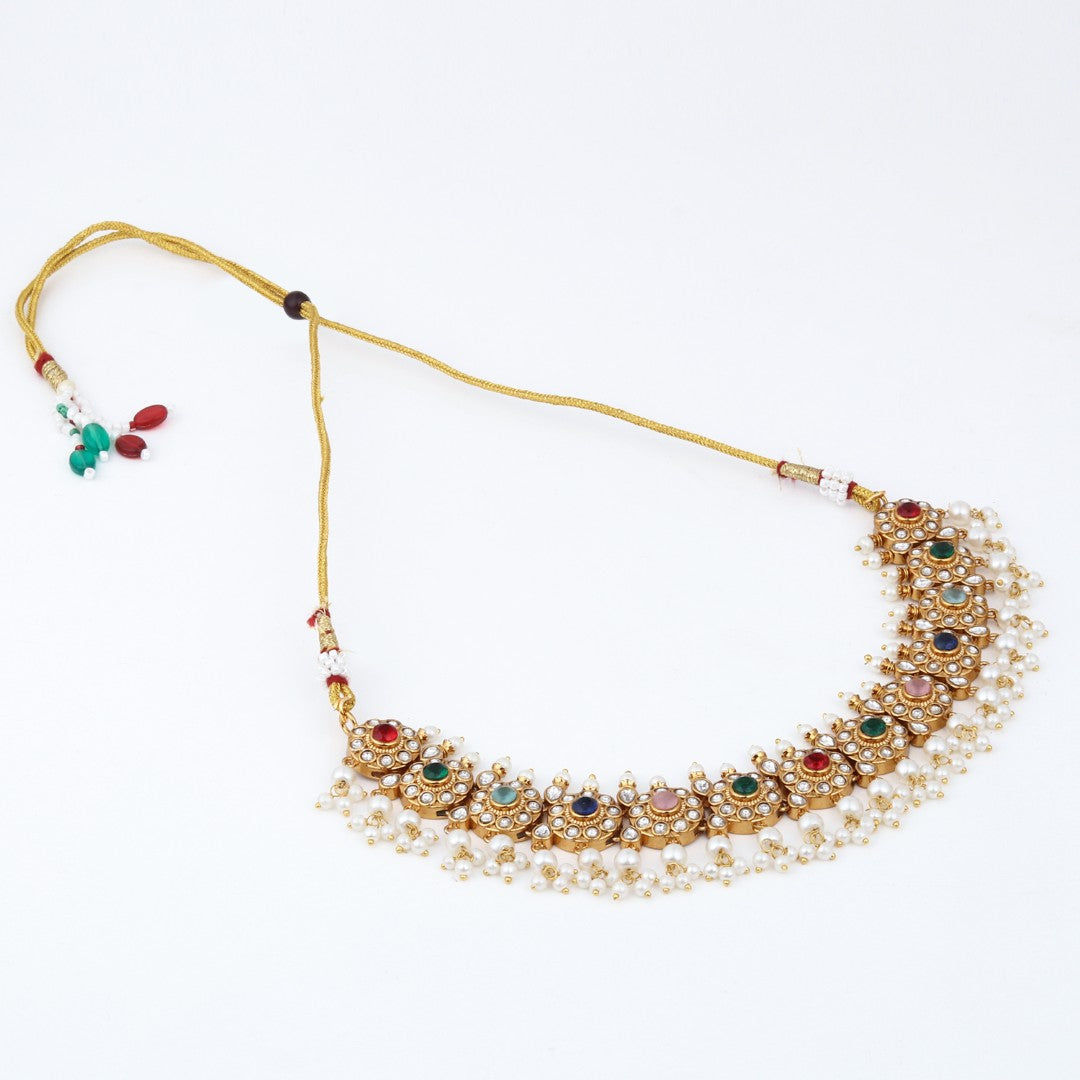 Gold-Plated Kemp Stone Necklace Set with Jhumka Earrings Multi