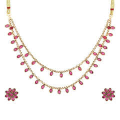 Gold Plated Delicate double layered Necklace Set - Red