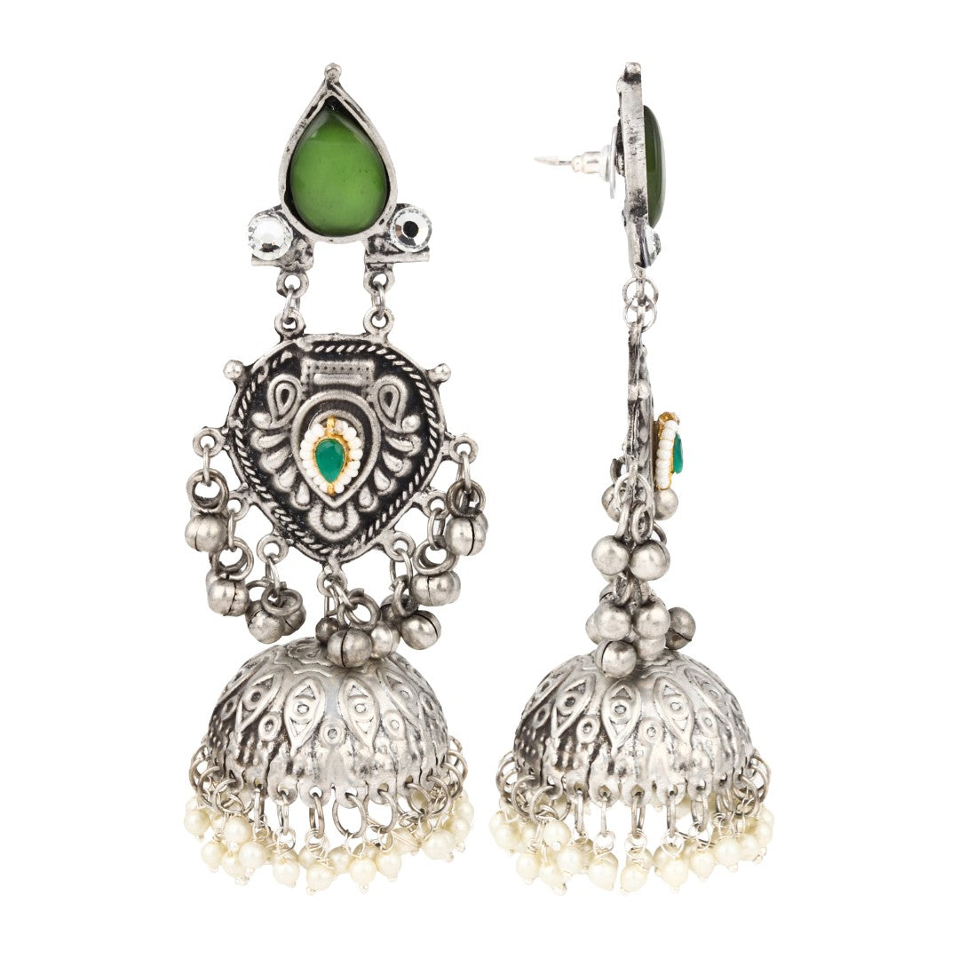 Silver oxydised lightweight long Jhumka Earring - Green