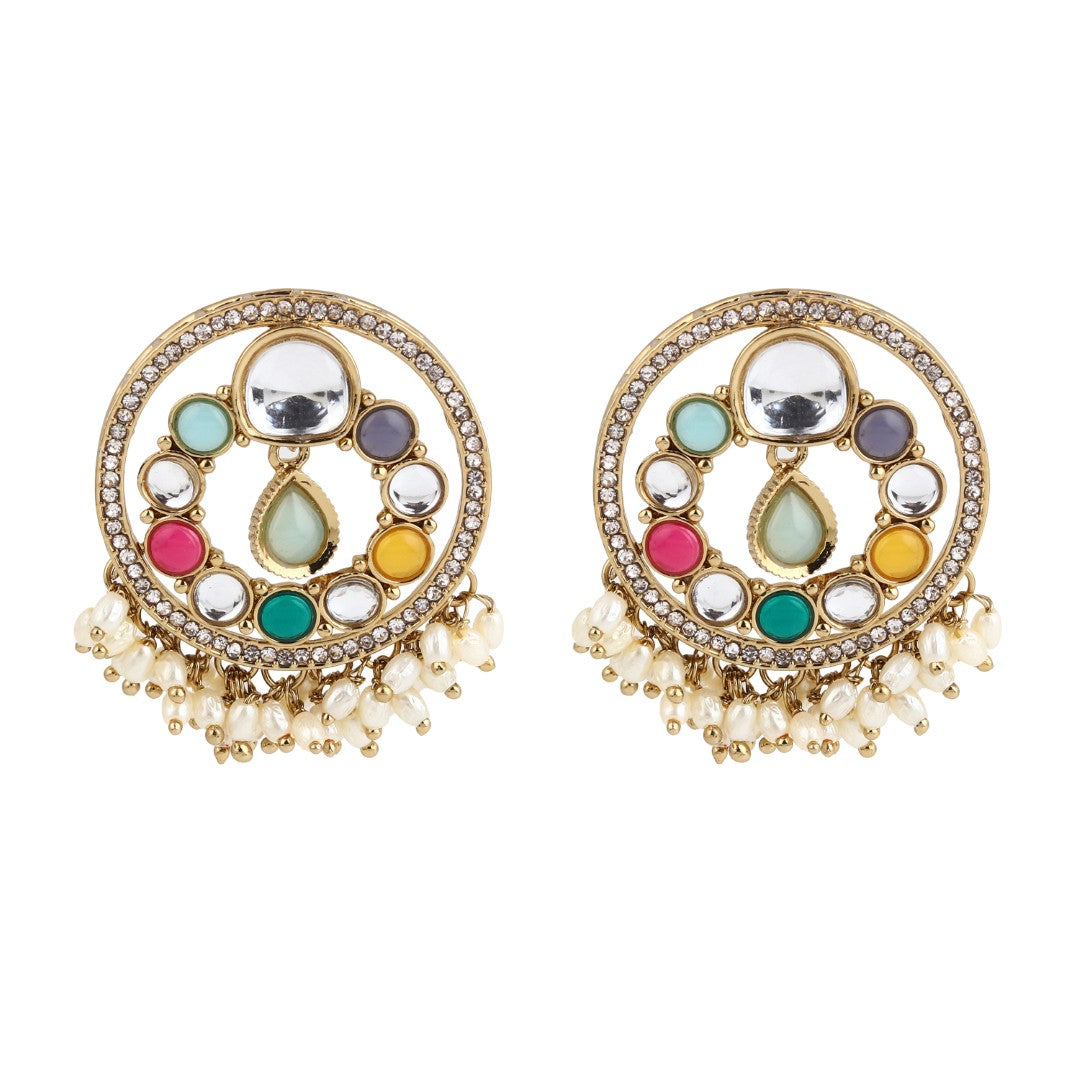 Regal Kundan Pearl Chandbali Earrings - Multi