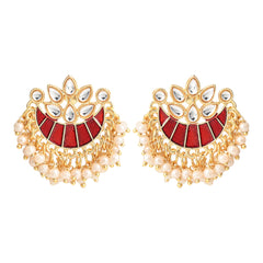 Gold-Plated Brass Half Moon Studs with Meenakari Red