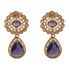 Gold plated Flower Stud with tear drop earring - Purple