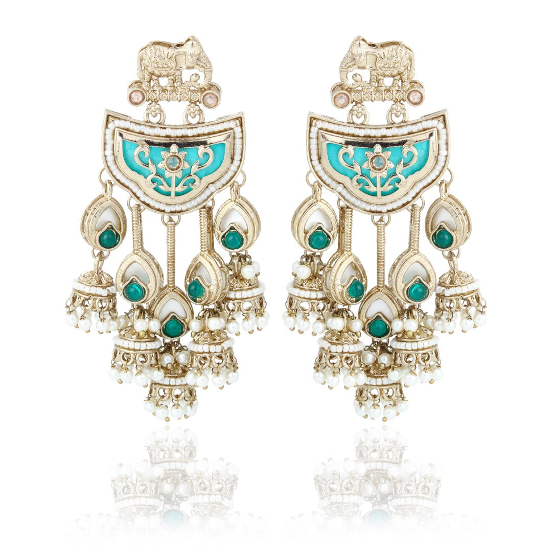 Gold-Toned MOP Chandelier Earrings with Jhumka Drops Green
