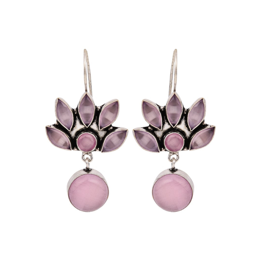 Silver Oxidized Lotus Drop Earrings Pink