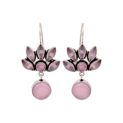 Silver Oxidized Lotus Drop Earrings Pink
