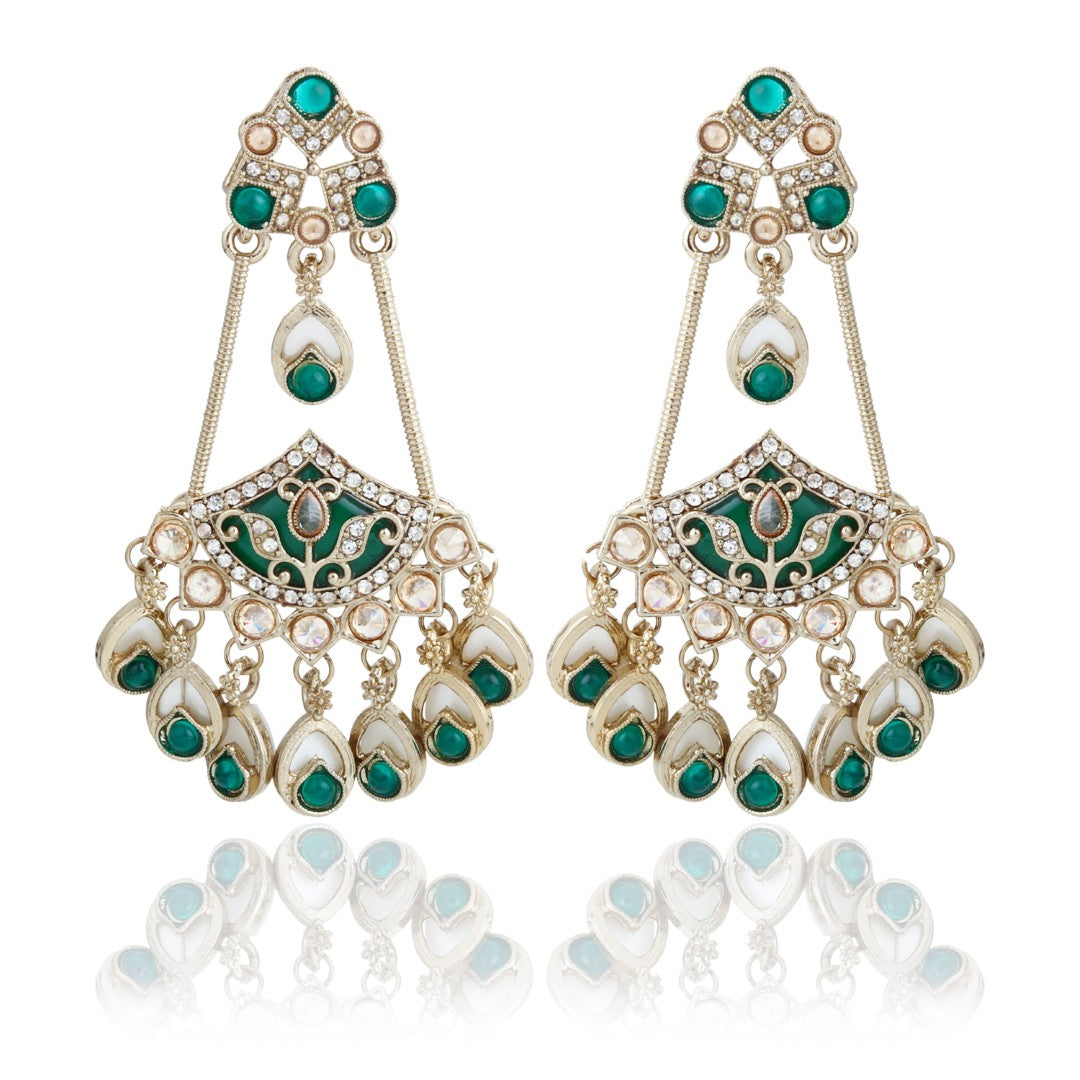 Gold-Toned Kundan Chandbali Earrings with Green Stone Accents