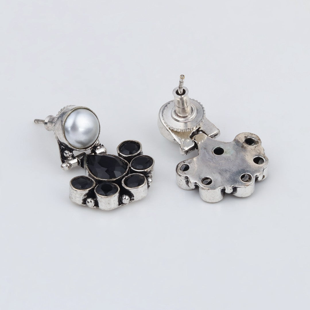 Floral Crystal Pendant Necklace Set with Matching Stud Earrings - Black