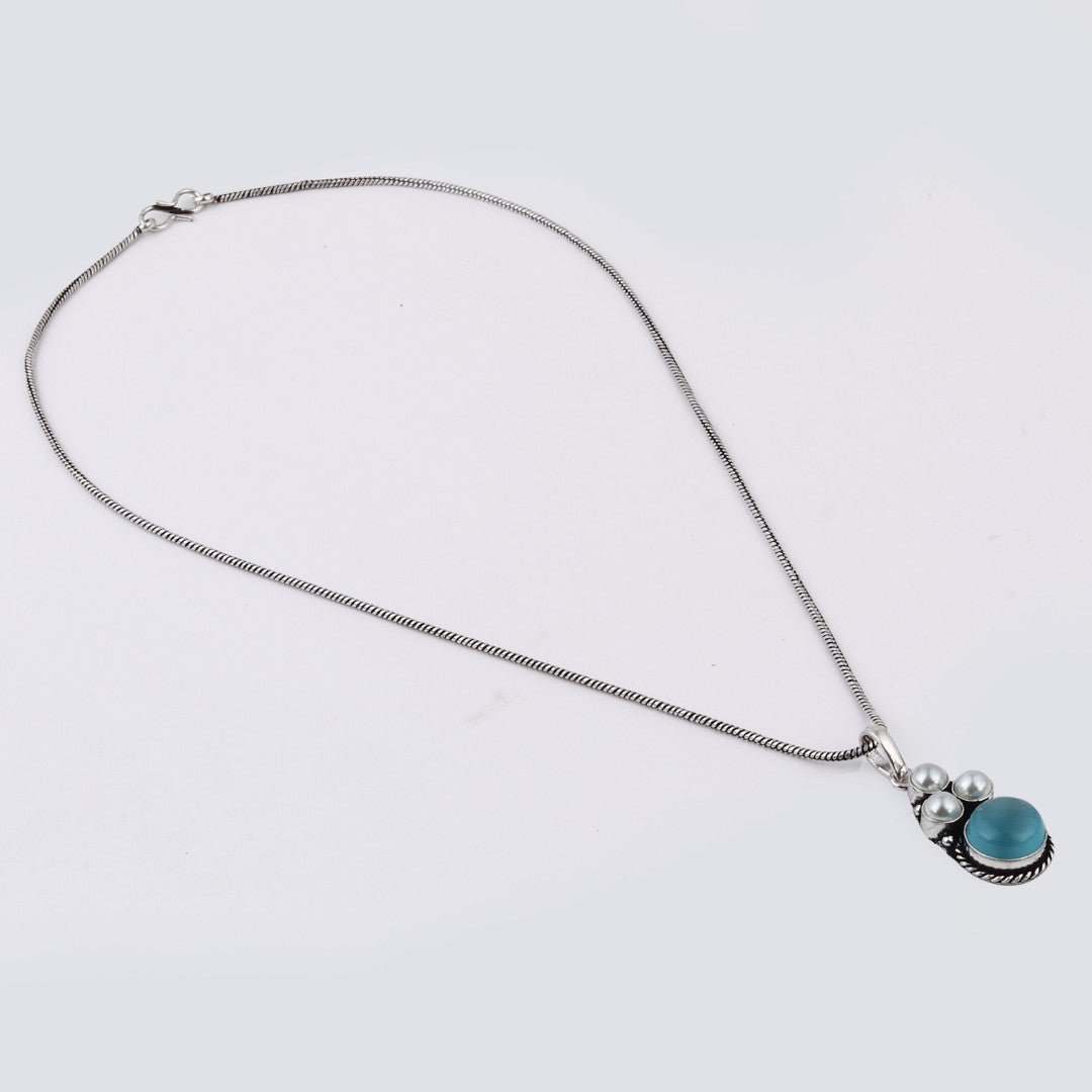 Silver Oxidised finish Pearl & Stone  pendant Set Blue